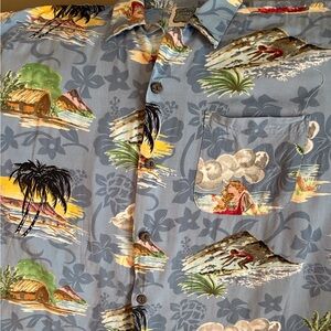 Hawaiian Shirt Water Surf Palm Tree Print Shirt Men’s Medium PTP 23” L 27”